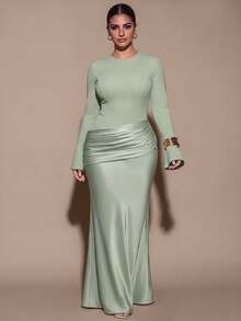 SHEIN BAE CURVE Plus Size Green Satin Patchwork Round Neck Long Sleeve Fitted Mermaid Evening Gown, Elegant Eleg Fall - Green - View 4