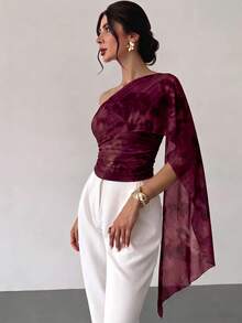 Firerie Women's One Shoulder Floral Print Ribbon Top - Burgundy - View 3