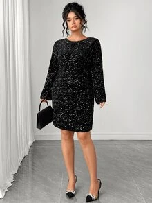 Elenzga Plus Size Party Dress With Large Scoop Neck, Back Bowknot, Flared Sleeves, Straight Loose Fit And Sequin - Black - View 5