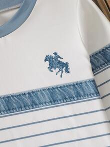 SHEIN Genkimix Kids 3件組兒童4-8歲休閒條紋與丹寧拼接長袖T恤套裝 - 藍白色 - 查看 5