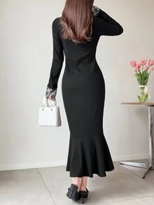 FRIFUL Women's Patchwork Plaid Bow Decor Long Sleeve Elegant Dress - Black - View 8