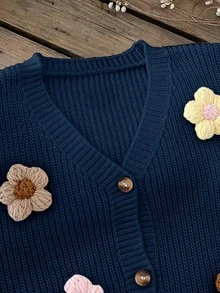 SHEIN Tween Girls Cardigan Navy Ribbed V-Neck Button Front Long Balloon Sleeve Floral Applique Knit Sweater - Navy Blue - View 4
