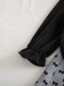 SHEIN Elladie kids 女童刺繡喇叭袖荷葉邊飾T恤與蝴蝶結裝飾百褶迷你裙套裝 - 黑色 - 查看 4