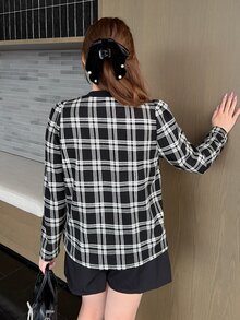 Bijouette Plus Size Korean Style Plaid Tie-Front Long Sleeve T-Shirt, Preppy - Black and White - View 2