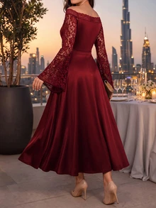 Velvienne Women's Plus Size Solid Color Collar Lace Patchwork Elegant Party Dress, Lace Long Sleeve Patchwork Dress - Burgundy - View 2