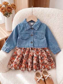 SHEIN 2件組幼女牛仔外套＋層次洋裝，甜美藍橘花卉印花，荷葉邊長袖領口設計，休閒正裝秋季保暖公主風可愛套裝 - 棕色 - 查看 11
