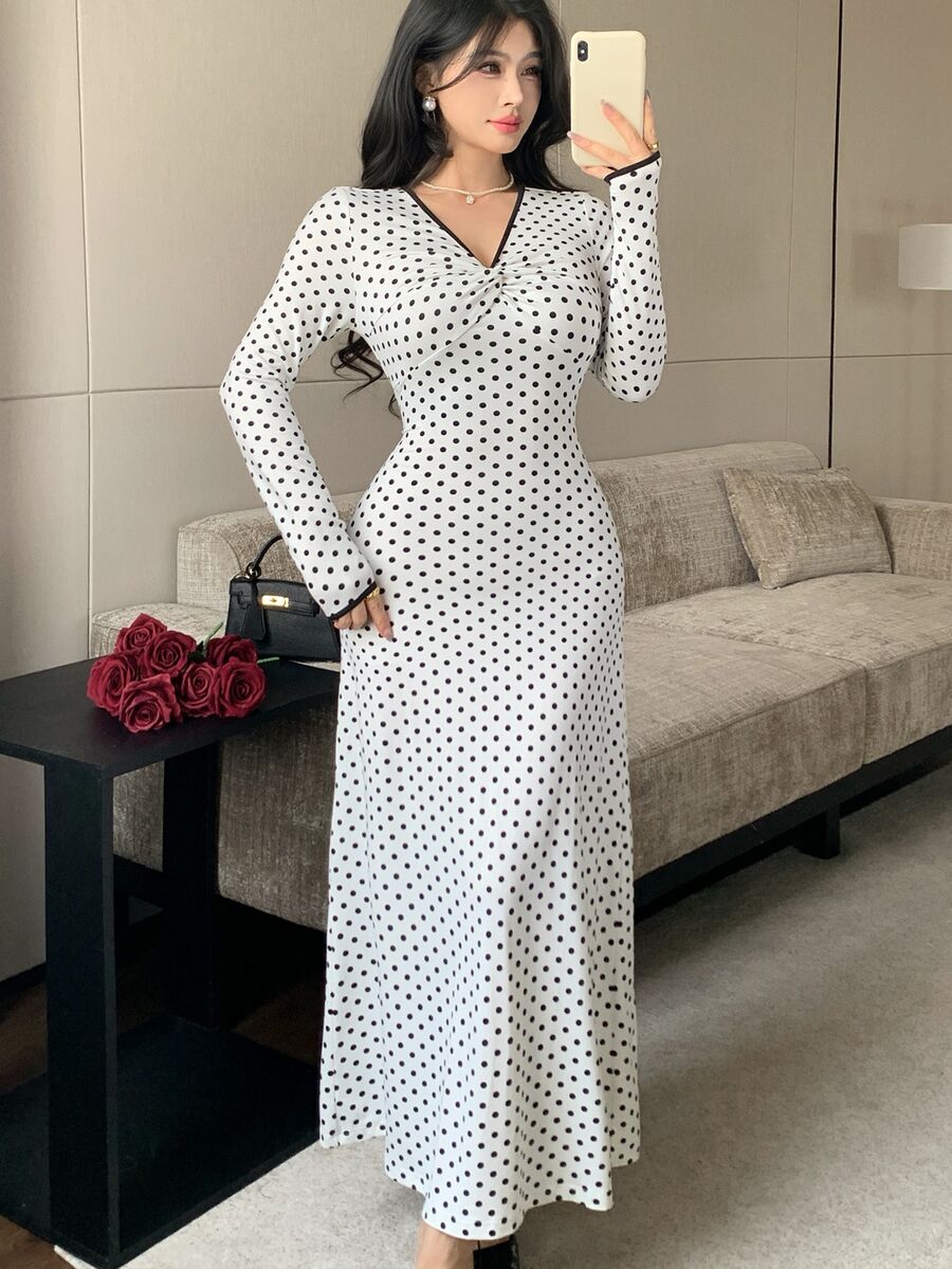 Feyla Women's French Polka Dot Print Pleated V-Neck Dress - White - View 1