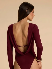 SHEIN BAE 女款純色露背長袖時尚休閒連身衣 - 酒紅色 - 查看 2