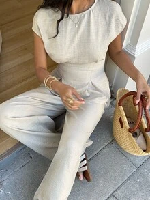 SHEIN EZwear 女款純色百褶上衣與長褲休閒日常套裝 - 杏色 - 查看 8