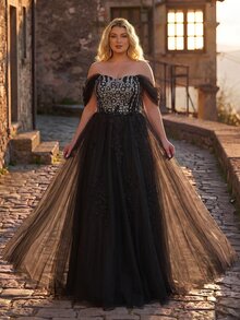 Aureia Plus Size Elegant Luxurious Beaded Embroidered Contrast Mesh Off-Shoulder Hanging Sleeve Applique Design Voluminous Extra Large Dress Suitable For Evening Party, Bachelorette Party, Date, Ball, Vacation, Wedding, Event Evening Gown (Heavy Workmanship Style) - Black - View 7