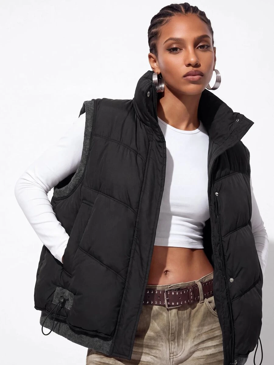 Aveloria GENKIRA Casual Quilted Sleeveless Jacket With Stand Collar, Zipper And Snap Button Placket, Drawstring Hem, Patch Pockets, Cotton Vest - Black - View 1