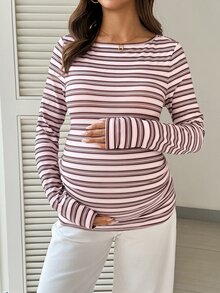SHEIN Maternity Casual Striped Colorblock Long Sleeve Daily T-Shirt - Pink - View 6