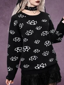 ROMWE Dark Gothic Halloween Ghost Face Jacquard Distressed Design Crew Neck Pullover Loose Fit Sweater - Black and White - View 2