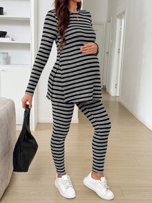 SHEIN 孕婦圓領長袖黑白條紋開衩上衣與修身長褲2件套 - 黑色 - 查看 3