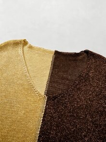 SHEIN 秋冬拼接撞色V領針織毛衣，對比分色長袖寬鬆上衣 - 咖啡棕 - 查看 7