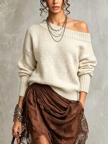 SHEIN 秋冬女款單肩針織鬆垮毛衣，寬袖寬鬆版型，柔軟舒適保暖針織衫 - 米色 - 查看 7