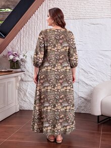 Lacomfia 田園清新風棕色花卉拼接印花大尺碼女款長洋裝，春秋圓領百褶中袖收腰喇叭下擺 - 彩色 - 查看 2