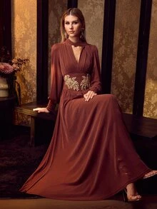 MOTF Soiréza ELEGANT LONG SLEEVE BEADED PLEATED EVENING DRESS - Brown - View 8