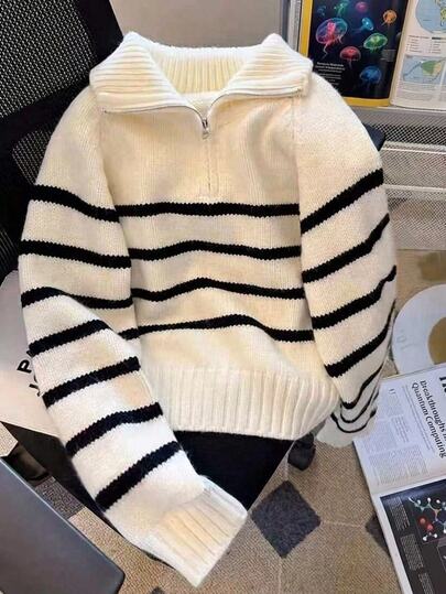 Tween Girl Tween Girls Sweaters Autumn/Winter New Casual Black & White Striped Contrast Color Lapel Long Sleeve Knit Top, Back To School Season