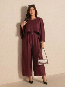 Elaquor Plus Size Women's Fashion Solid Color Belted Cape Wide Leg Jumpsuit - Burgundy - View 6