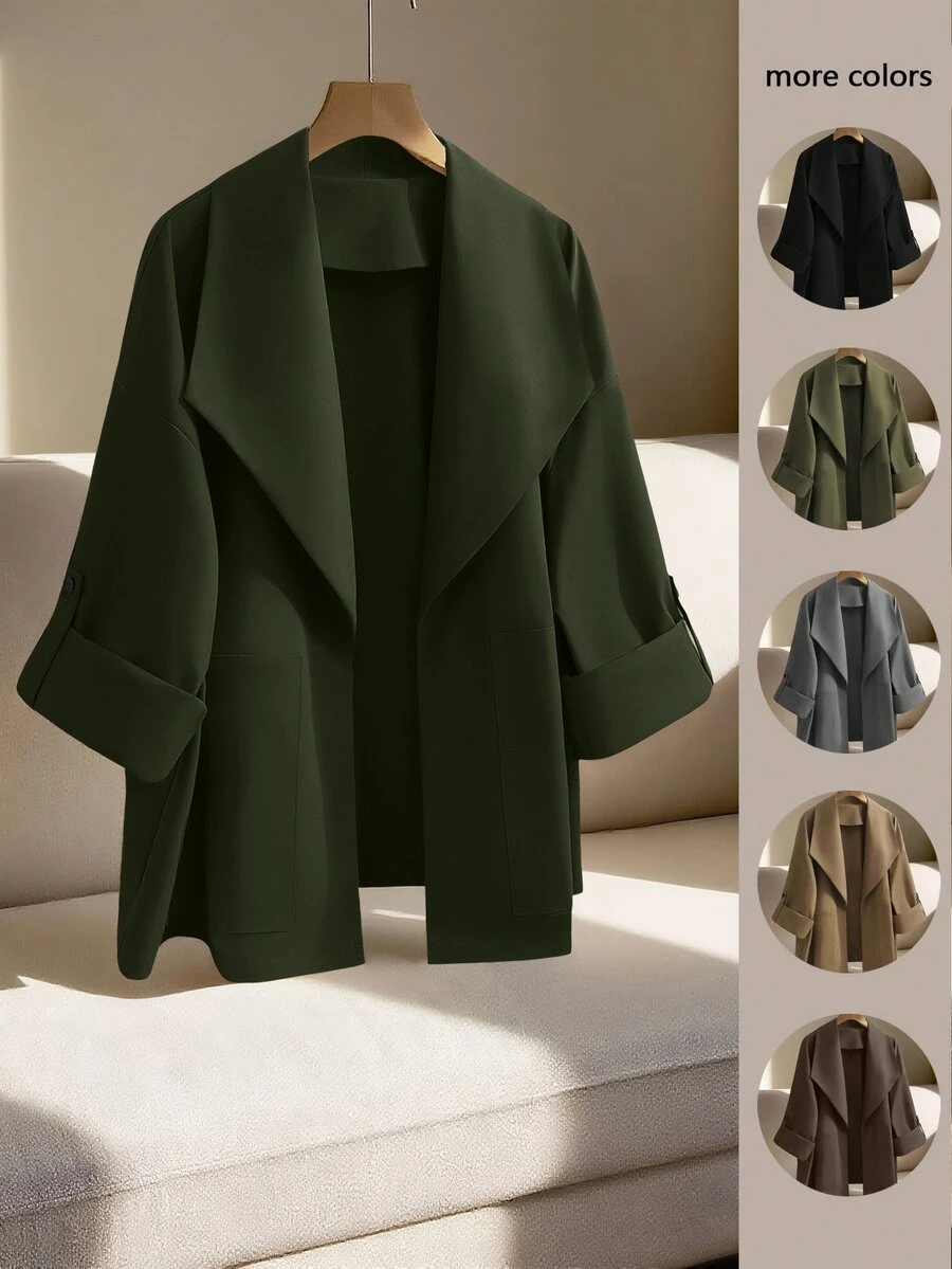 GlowEve CURVE Plus Size Women Roll Tab Sleeve Loose Casual Jacket, Solid Color, Versatile For Daily, Work Commute, Autumn/Winter Fall - Green - View 1