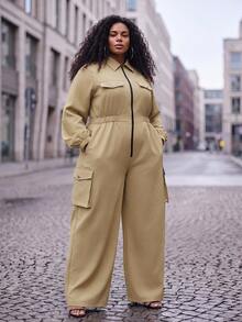 Slaydiva Plus Size Functional Style Cargo Jumpsuit, Long Sleeve Front Zipper Multi-Pocket Loose Streetwear One-Piece - Khaki - Khaki - View 4