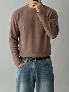 DAZY 春秋款華夫格紋布料圓領白色男士T恤 - 咖啡棕 - 查看 6