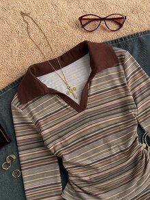 Attitoon Women's Colorblock Collared Striped Long Sleeve Casual T-Shirt - Multicolor - View 4