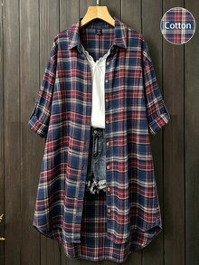 Linhara 女款大尺碼中長格紋襯衫，薄款面料，前短後長下擺，綁帶袖口設計，休閒日常寬鬆復古風，春秋款 - 酒紅色 - 查看 1