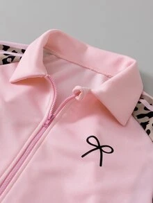 SHEIN HYPEME 童裝大童女孩秋冬時尚休閒日常百搭舒適字母圖案鈕扣領棒球夾克與條紋寬腿長褲 2 件套 - 粉色 - 查看 5