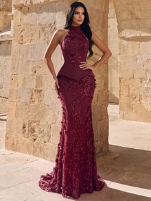 Coutiva Women's Sequin Design Halter Neck Elegant Luxury Evening Dress - Burgundy - View 1