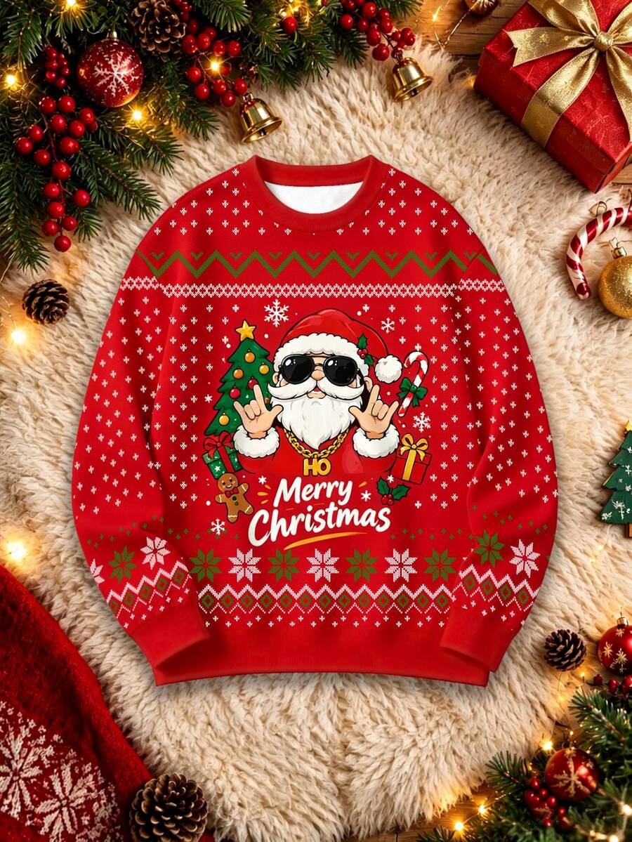 Sorvial Men's Regular Fit Crew Neck Pullover Sweatshirt With Thermal Lining, Christmas Sweatshirt - Red - View 1