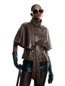 LYSMO Women's Solid Color PU Leather Fashion Versatile Daily Casual Jacket - Brown - View 8