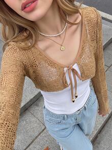 Cévolie Women's Bohemian Style Hollow Out Vintage Vacation Daily Commute Lace-Up Wooden Bead Small Jacket - Apricot - View 3