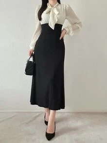 FRIFUL Women's Polka Dot Colorblock Casual Party Long Dress - Black - View 4