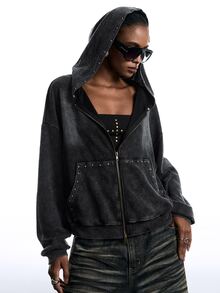 LYSMO Women's Fashion Punk Street Style Rivet Decor Zipper Front Drop Shoulder Loose Washed Sweatshirt - Black - View 6