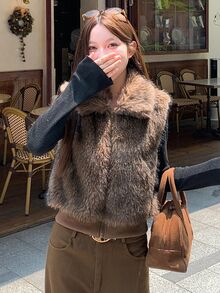 DAZY Women's Solid Color Fashion Versatile Winter Faux Fur Coat - Brown - View 3