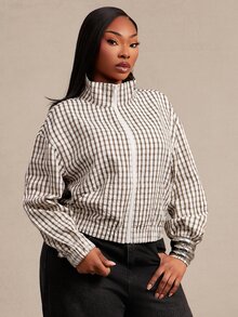 SHEIN SXY Áo khoác nữ size lớn họa tiết kẻ ô, kéo khóa, tay dài, mùa thu - Màu be - Xem 4