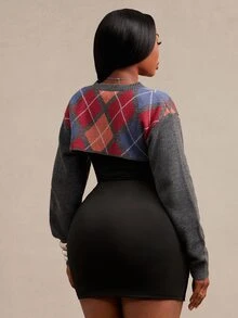 SHEIN SXY Plus Size Women's Diamond Lattice Casual Daily Long Sleeve Sweater - Multicolor - View 2