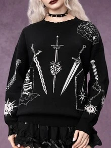 ROMWE Gothic Punk Halloween Outfit Metal Utensil Collage Pattern Distressed Raw Edge Design Round Neck Pullover Loose Fit Sweater - Black - View 2