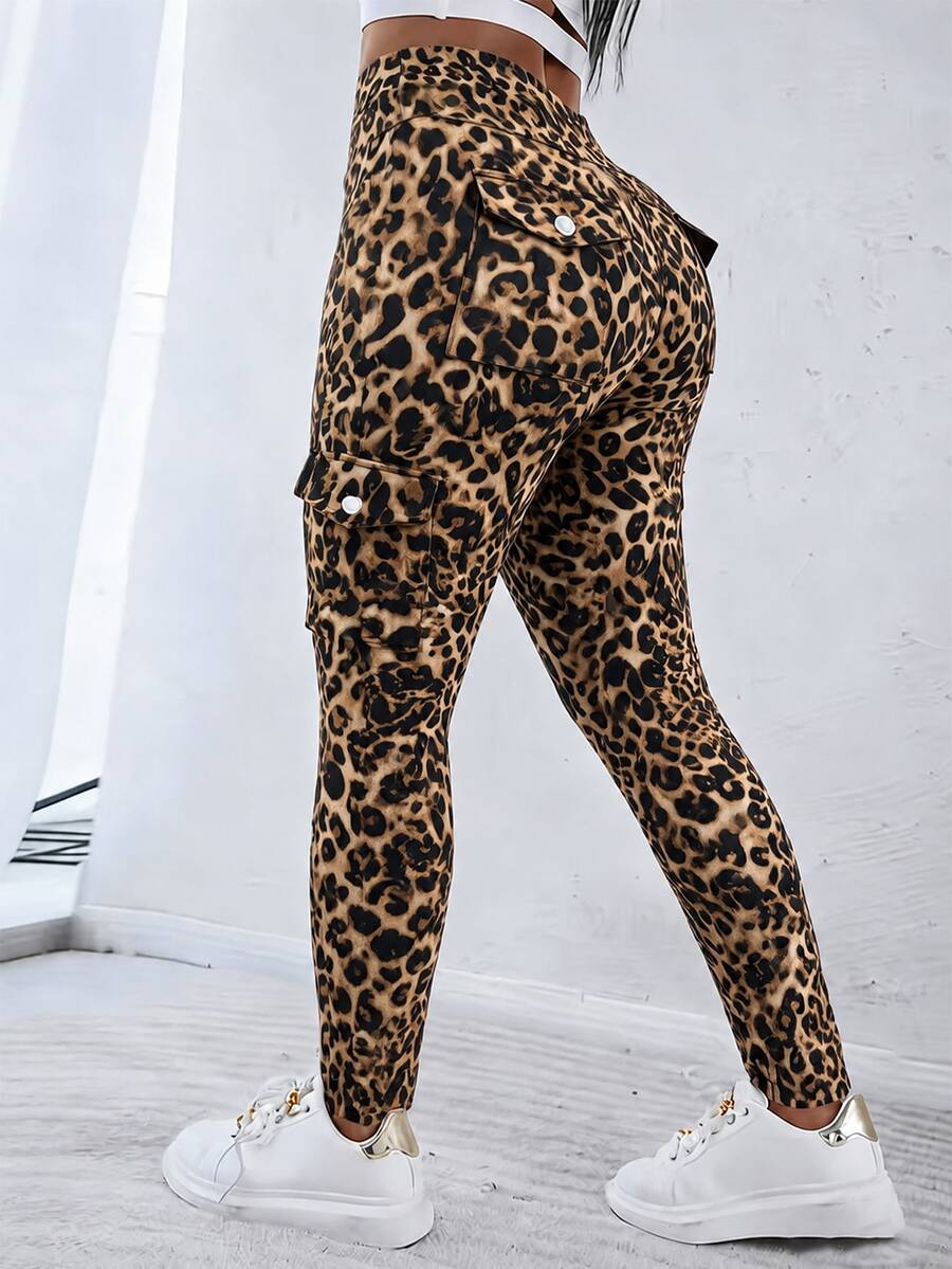 EMERY ROSE Plus Size Women's Leopard Print Cargo Pocket Skinny Casual Pants - Khaki - View 1
