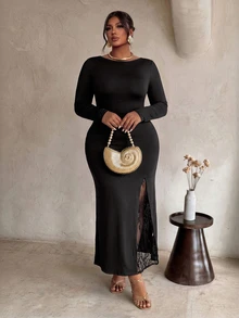 Firerie Plus Size Women's Lace Patchwork Elegant Cinched Waist Party Dress - Black - View 4