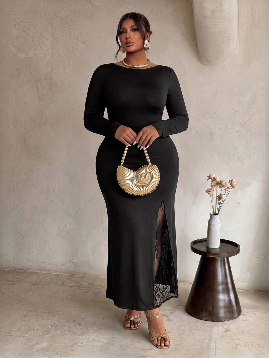 Firerie Plus Size Women's Lace Patchwork Elegant Cinched Waist Party Dress - Black - View 1