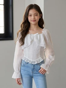 Dazy Kids Tween Girl Cute Stylish Short Blouse With Frill Trim And Petal Sleeve - White - View 6