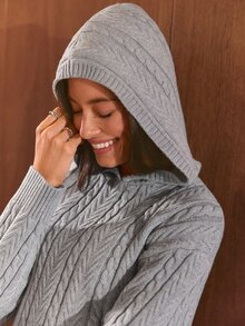 GLOWMODE Soft Girl Collection Off-Duty Cable Knit Hoodie Sweater With Relaxed Fit Daily Casual Fall Winter Wear - Grey - View 3