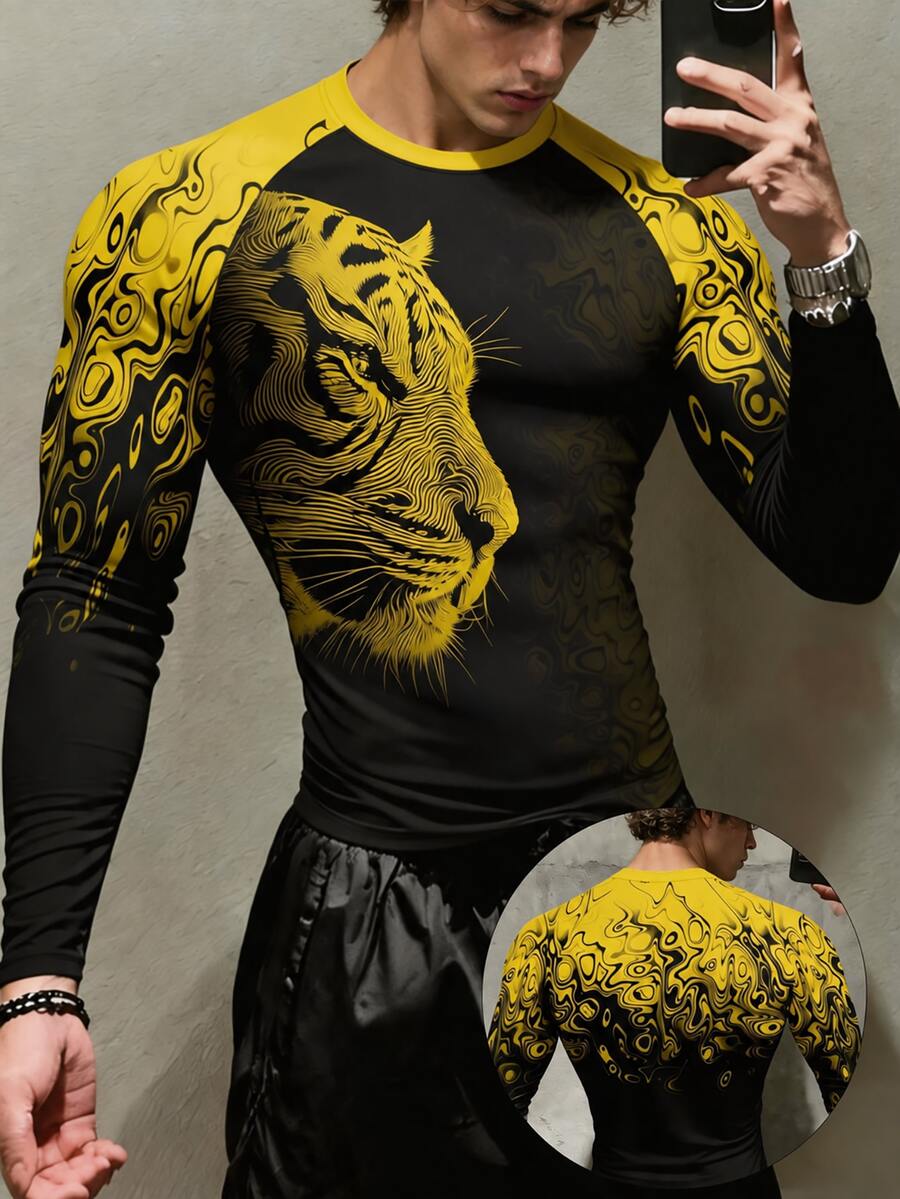 Gym Rark Men's Tiger Graphic Crew Neck Slim Fit Long Sleeve Fashionable Comfortable Sportswear - Black - View 1