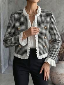 Trelyra Women's French Vintage Elegant Black & White Houndstooth Autumn New Ruffle Trim Patchwork Flared Sleeve Outerwear Jacket - Black and White - View 6