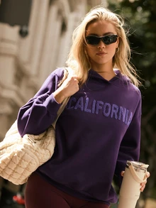 Voyena Women's Plus Size Letter Print Casual Everyday Hooded Sweatshirt Fall - Purple - View 5