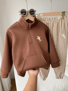 SHEIN 2件組兒童小男孩小女孩秋冬立領長袖條紋運動衫長褲套裝 男童套裝 - 彩色 - 查看 7