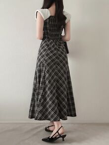 FRIFUL Women's Vacation Plaid Tie-Up Korean Style Dress - Black - View 5